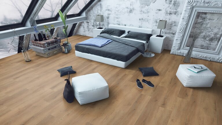 Modernes, helles Schlafzimmer mit SPC Boden.